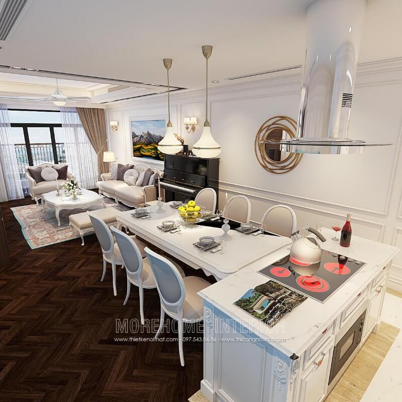 Sử dụng tone màu trắng ấn tượng đồng nhất với các không gian sinh hoạt chung khác, mẫu tủ bếp gỗ tần bì phun sơn cao cấp mang lại sự sang trọng và đẳng cấp Thiết kế và sản xuất tủ bếp đẹp