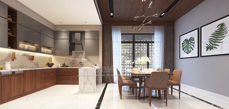 Bố trí nội thất phòng bếp liền phòng ăn đẹp, hiện đại, sang trọng cho biệt thự, nhà phố tại Vinh, Nghệ An. Mẫu nội thất biệt thự đẹp