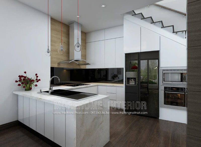 Mẫu tủ bếp màu trắng được làm từ chất liệu gỗ công nghiệp được nhiều khách hàng yêu thích bởi sự sang trọng và tinh tế mang lại của nó Tủ bếp gỗ công nghiệp và tủ bếp acrylic
