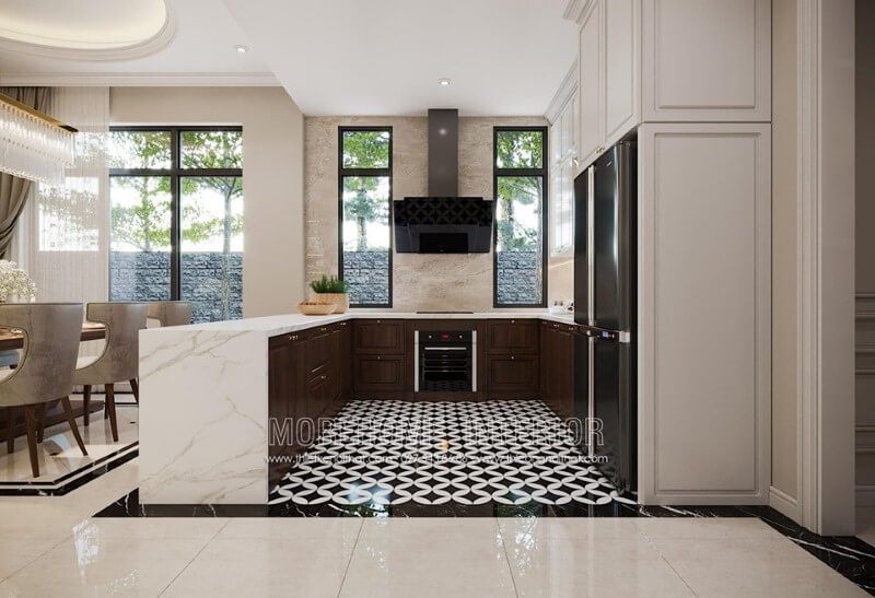 Vẻ đẹp sang trọng của không gian bếp đương đại được tạo nên bởi đá ốp bếp tự nhiên cao cấp có đường vân mây độc đáo.
